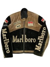 Marlboro Racing Giacca Pelle Uomo Scamosciato Motociclista Cafe Racer Cappotto Moto