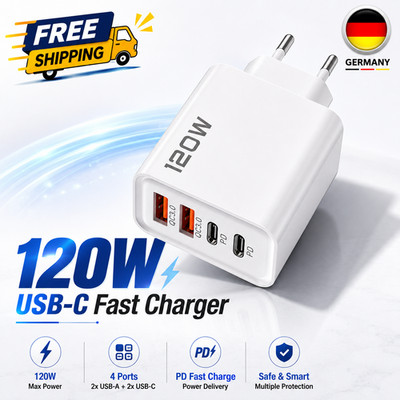 120W USB-C Fast Charger 4-Port PD Wall Charger for iPhone Samsung Xiaomi Free DE