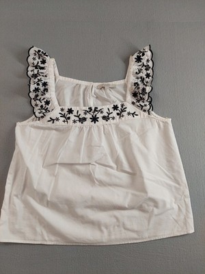 Loft Women Blouse Top L White Embroidered Flutter Sleeve Casual Summer Outdoor
