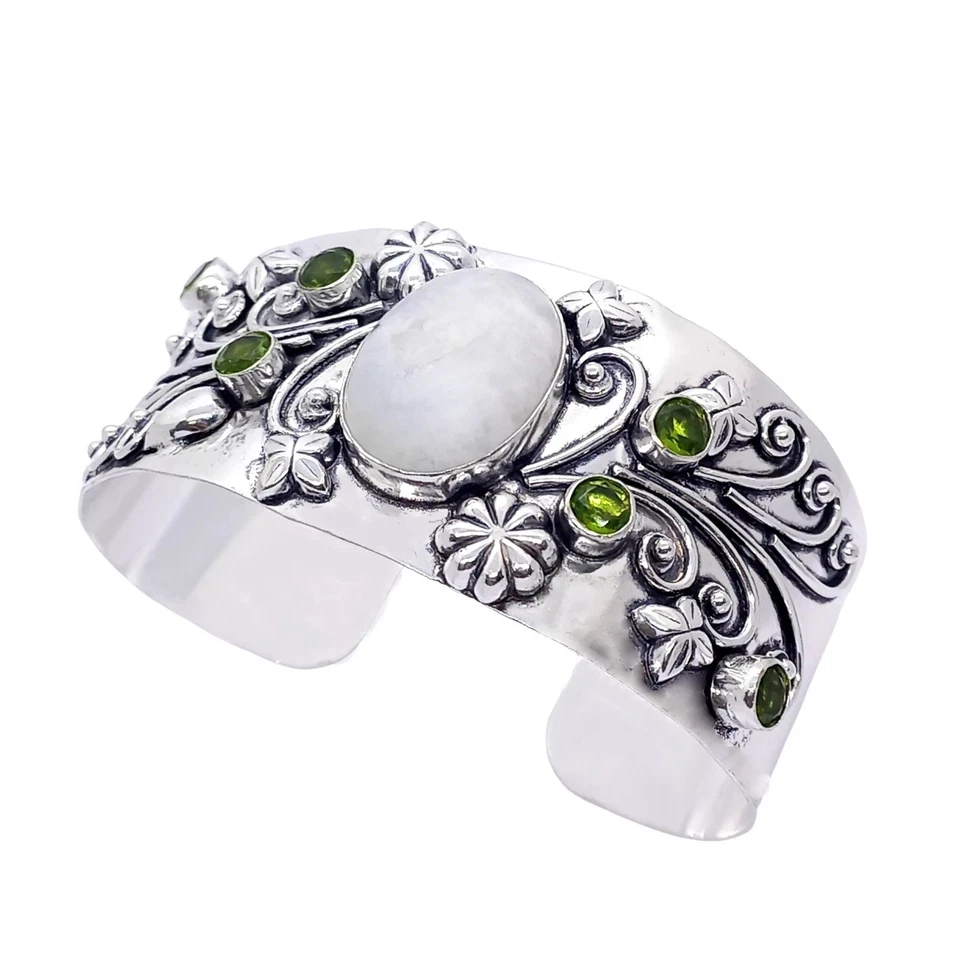 925 Sterling Silver Moonstone & Peridot Gemstone Jewelry Cuff Bracelet Size-ADJ - Image 4 of 4