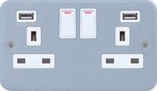 13A 2 Gang Metal Clad Double Switched Socket Dual USB A 2.1A Surface Mount Grey