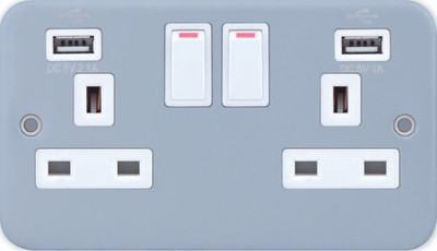 13A 2 Gang Metall verkleidet Doppel Schalt Steckdose Dual USB A 2.1A Aufputz grau