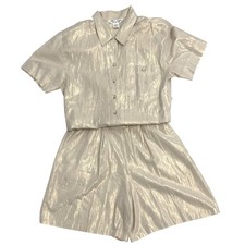 VTG LAURA  JAYNE womens gold metallic matching set culotte shorts top 12 14 