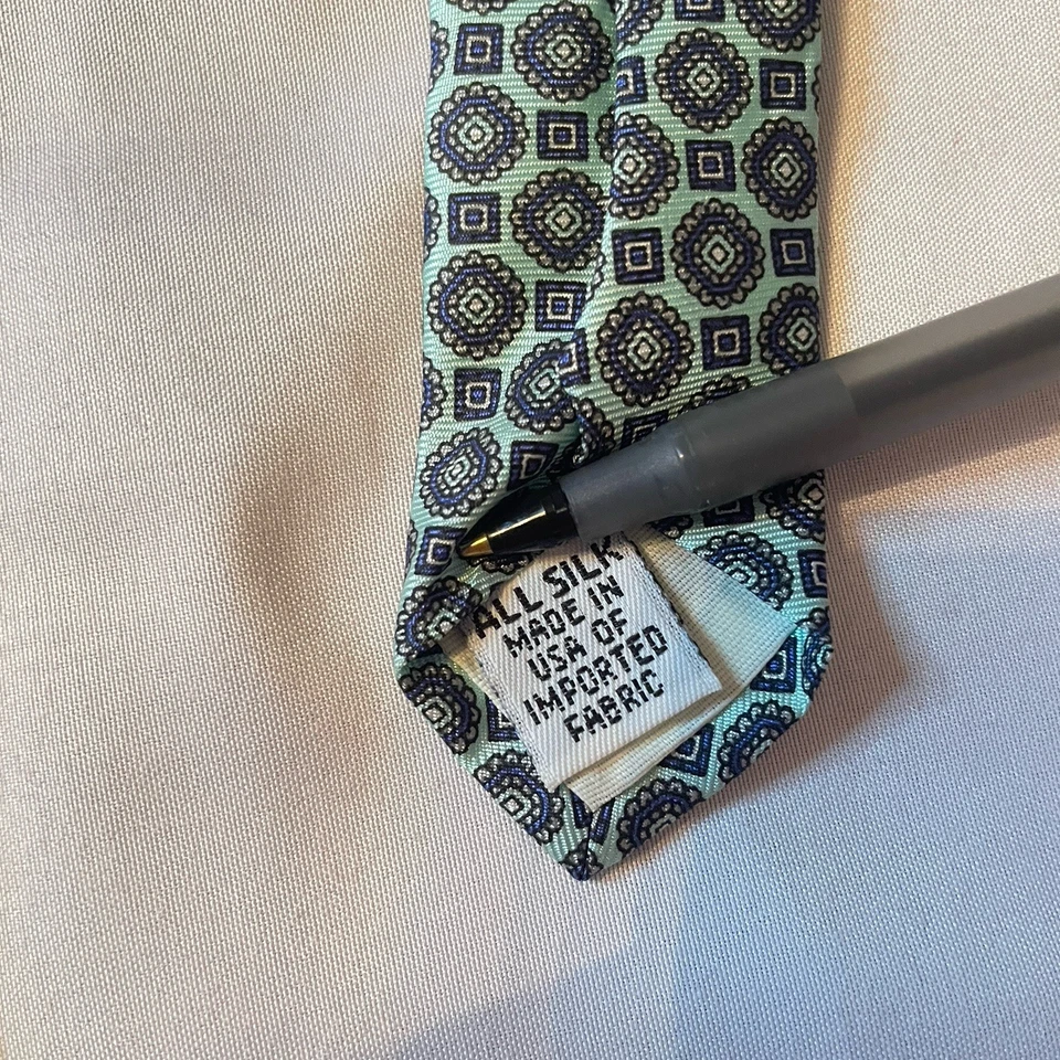 Cavalier USA Silk Tie Blue Geometric Hexagon Pattern Vintage Mid Century - Image 3 of 3