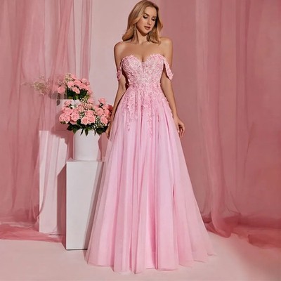 A-Line Pink Off Shoulder Evening Dress Tulle Elegant Floor Length Gowns Lace Up