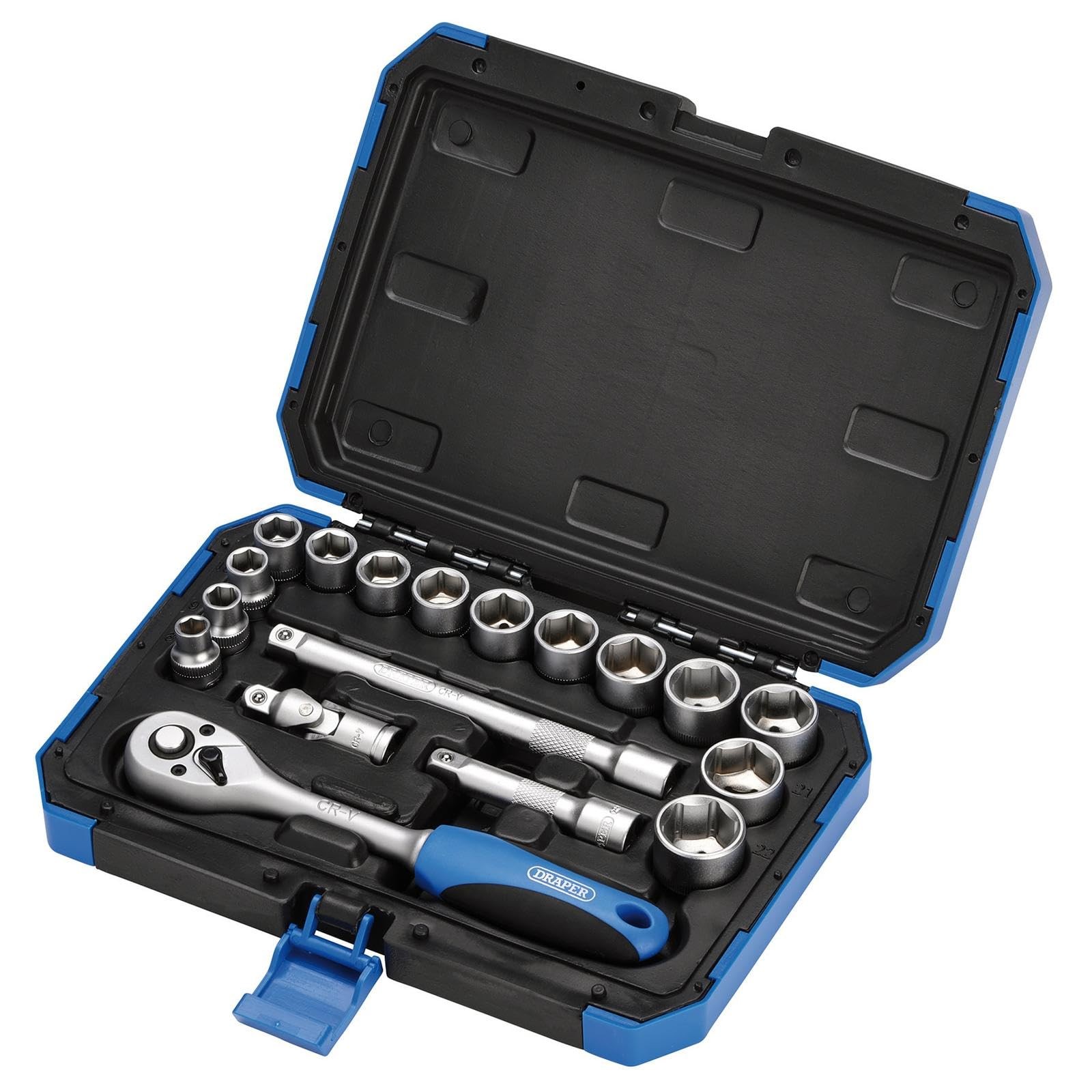Draper Expert 18 Piece Metric Socket Set | Ratchet Tool and Case | 3/8"", Blue