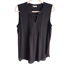 Pleione Shirt Medium Black Women's Sleeveless Sheer Pleated Top Blouse