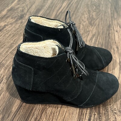 Toms Shoes Black Suede Boots Desert Wedge Heel Bootie w/ kiltie