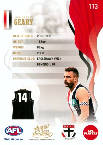 Tarjeta 2021 ST KILDA SAINTS AFL Jarryn Geary Optimum - Imagen 2 de 2