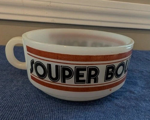 GLASBAKE Football SOUPER BOWL Super Bowl HANDLED SOUP MUG BOWL -MILK GLASS  VNTG