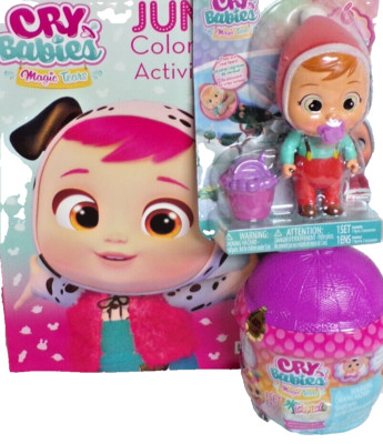 NEW CRY BABIES TOY LOT COLORING BOOK, DOLL AND SURPRISE