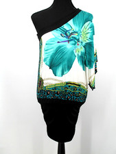 RUNES Bodycon Dress Women Size Small One Shoulder Baroque Floral Stretch Ruched