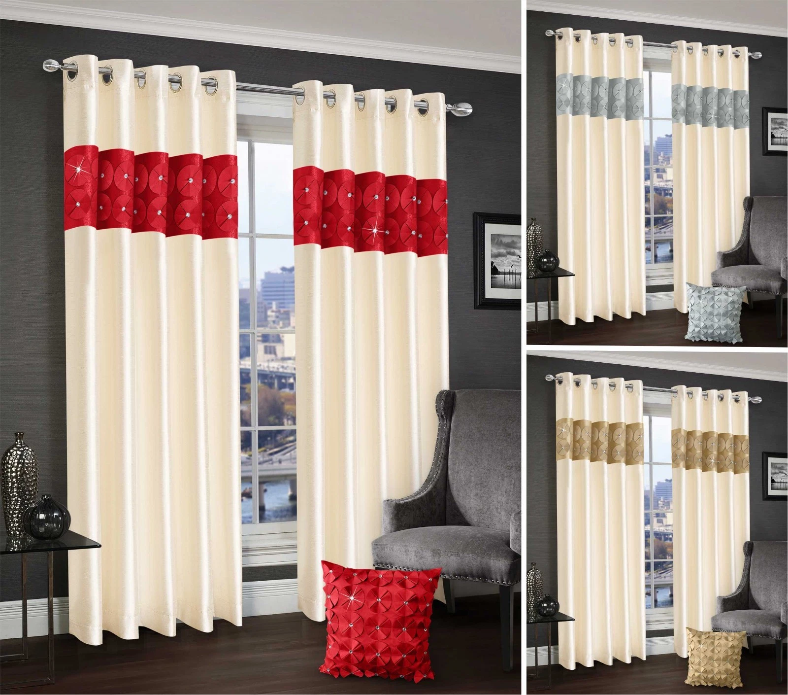 Faux Silk Diamante Lined Pair of Eyelet Curtains Silver Luxury Petal Diamond
Opens in a new window o