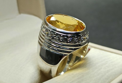 Anello Topazio Da Uomo Fatto a Mano Topazio Giallo Argento Sterling 925 Taglio Ovale Grande - Foto 2 di 12