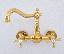 Gold Brass Dual Handles Wall Mount Bathroom Kitchen Basin Sink Swivel Faucet
