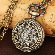 Old Fashion Hollow Out Flower Cover Necklace Chain Unisex Quartz Pocket Watch