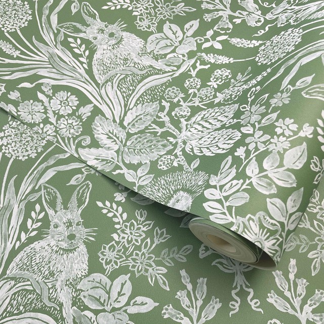 Woodland Wallpaper Harlen Damask Animals Green 50342 World of Wallpaper