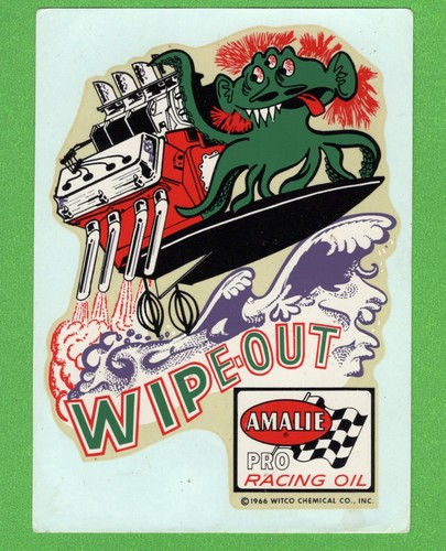 VINTAGE 1966 WEIRD-OH WIPE-OUT "AMALIE DRAG RACING OIL" WATER DECAL ART NICE!