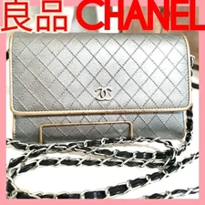 CHANEL Matelasse Wallet Beige Silver Leather Shoulder Chain Strap Good Used