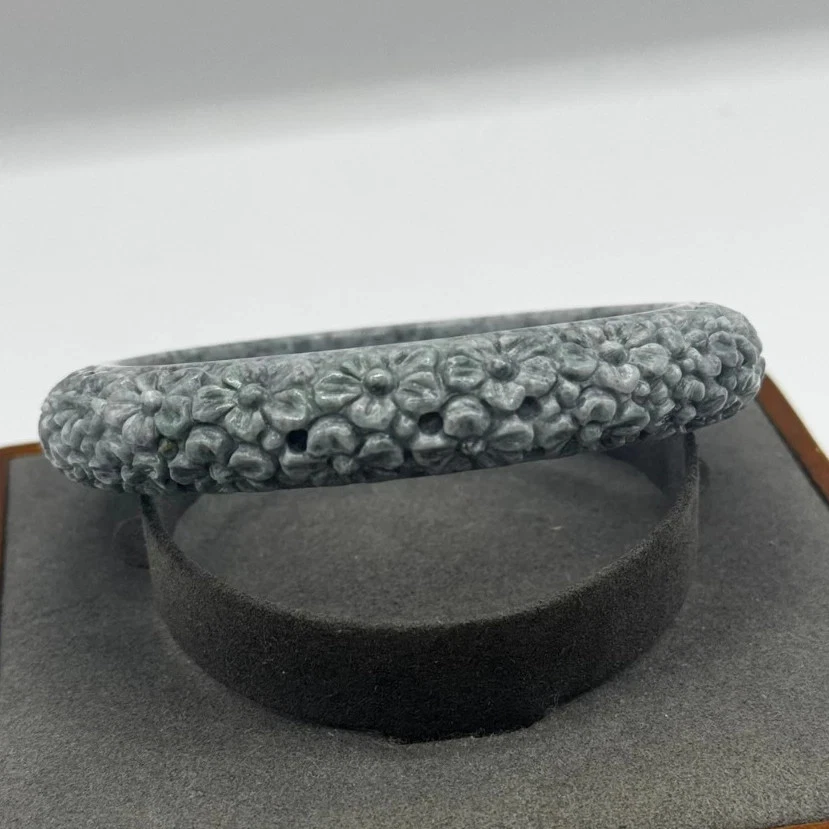 Редкий товар большой размер бирманский нефрит браслет резные цветы все вокруг внутренний 67 мм - Изображение 3 из 4