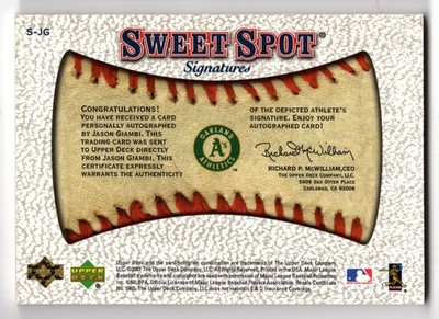 2001 Upper Deck Sweet Spot Signatures JASON GIAMBI #S-JG Base Auto