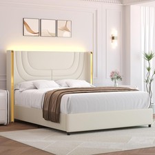 Queen Bed Frame with LED Lights Faux Leather Upholstered Platform Cream