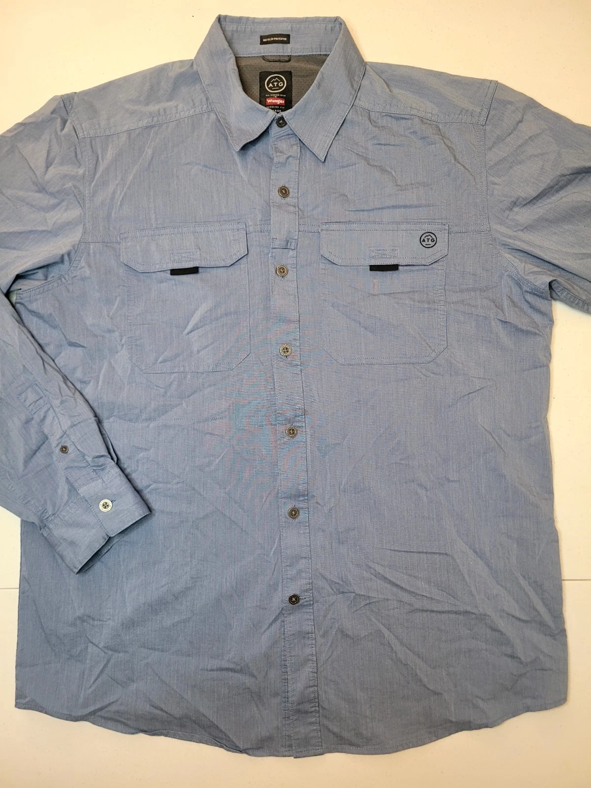 Wrangler ATG All Terrain Gear Shirt Mens L Blue With Pockets Hiking Outdoor