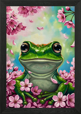 Frosch mit Kirschblüten gerahmtes Wandbild Poster Leinwanddruck Bild
