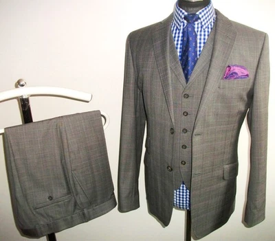 TED BAKER CHECK 3 Pce SUIT Jacket Waistcoat Trousers Grey Purple WOOL 40 34 30 - Image 1 of 4