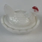 Vintage Mini Westmoreland 2.5” Milk Glass Hen On Nest  Painted Comb And One Eye