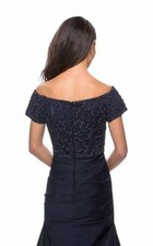 La Femme Navy Blue Off the Shoulder Beaded Satin Trumpet Gown Dress Size 6 488