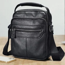 Men’s Genuine Leather Shoulder Bag Crossbody Messenger with Pockets Black