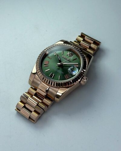 UNIQUE Seiko "President" Rose Gold Olive Green 36/39mm Automatic NH35Mod - Imagen 3 de 7
