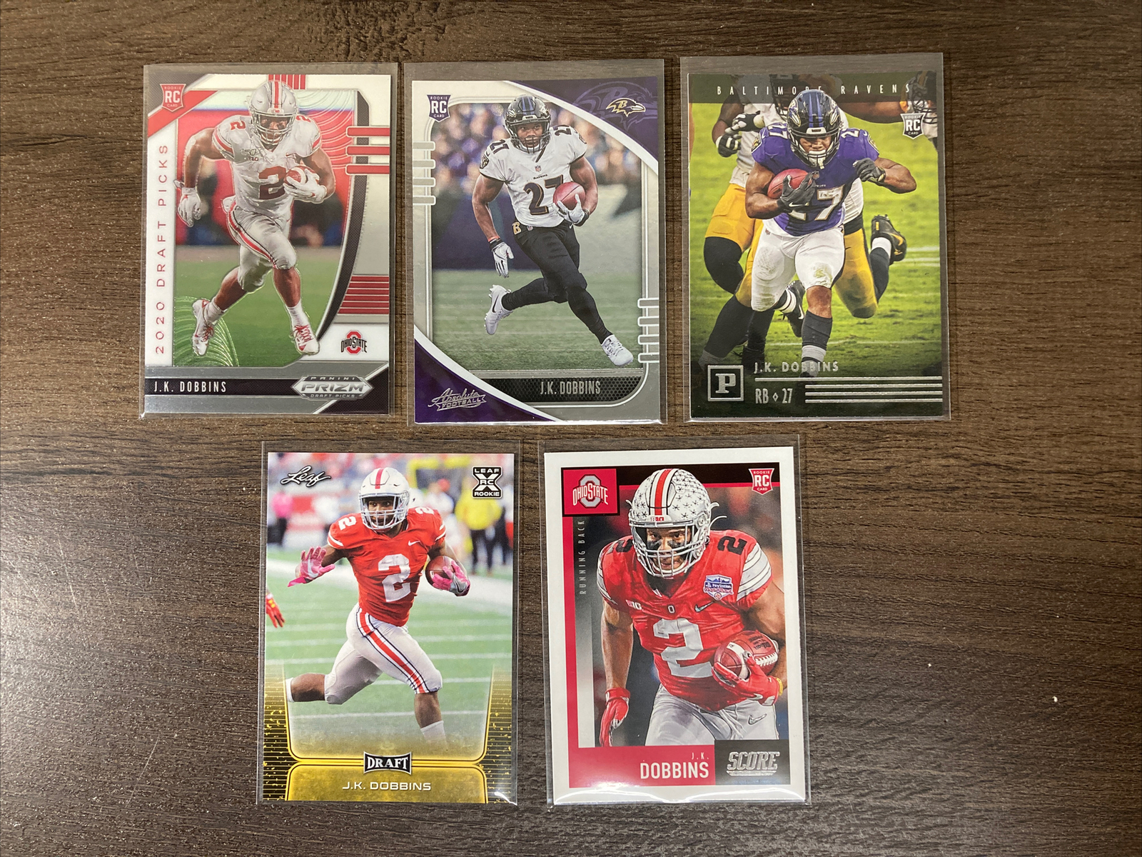 Lot of 5 JK Dobbins Rookie Cards Prizm, Absolute, Chronicles, Leaf
