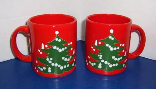 Waechtersbach Christmas Tree 2 Mugs (12 oz) W. Germany Red Green Tree Very Nice