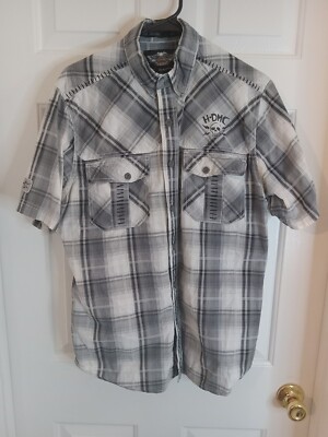 Harley Davidson H-DMC Gray White Plaid Casual Button Up Shirt Men's Size Medium