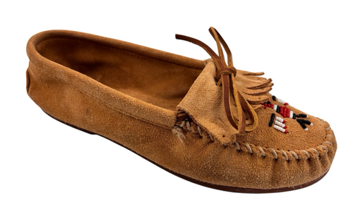 Mocasines Minnetonka bronceados para mujer talla 11 Thunderbird planos con cuentas cómodos sin cordones - Imagen 9 de 16