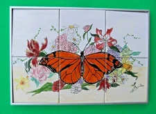 Frame CERAMIC MOSAIC Art TILEs , MONARCH BUTTERFLY Floral Artist Signed 6LBS!
