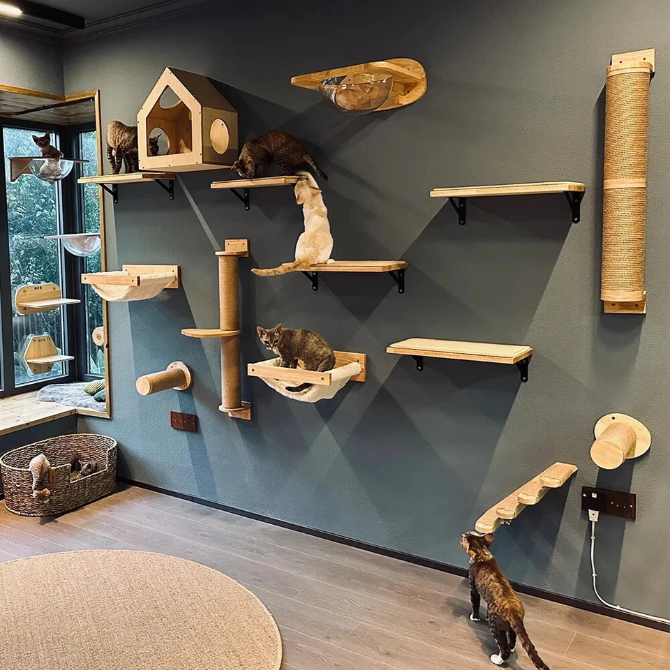 Cat Tree Wall Mounted Climbing Wooden Shelves Posts Ladders With Hammock/Bridge - Image 2 of 4