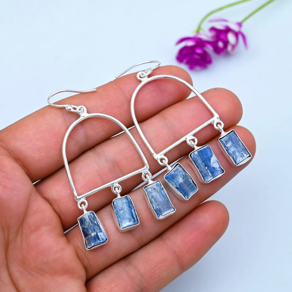 Natural Kyanite Gemstone Earrings 925 Sterling Silver Handmade Jewelry Gifts - Image 4 of 4