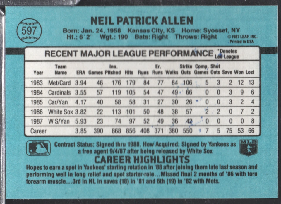 Neil Allen Yankees Autographed 1987 Leaf Donruss #597 w/COA 101923NPCD389 - Image 2 of 2