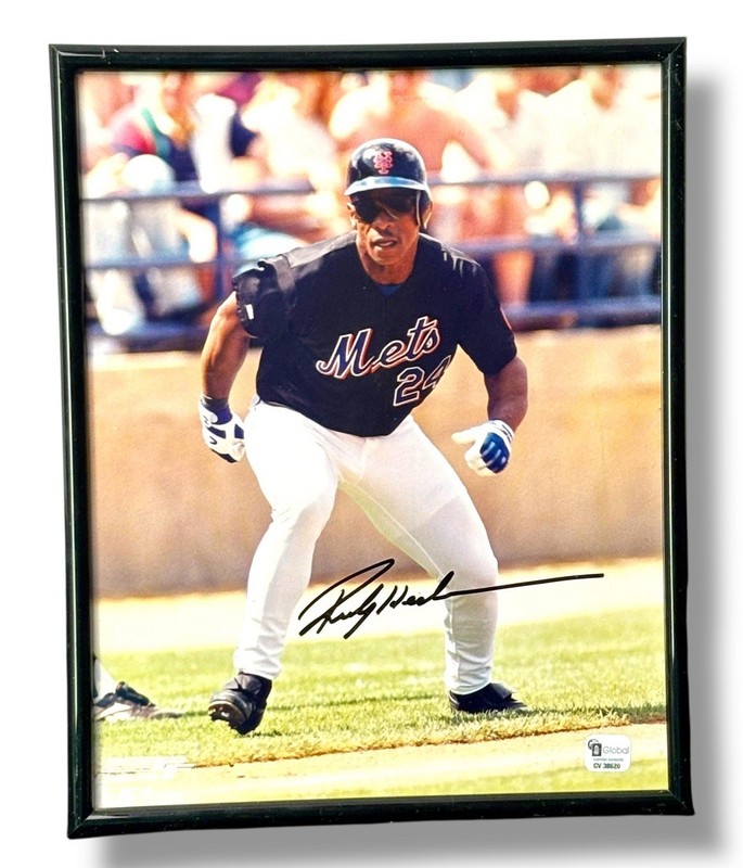 Rare Mets Uni. Rickey Henderson Signed Photo w/Frame Global Authentics Cert.