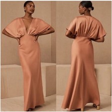 BHLDN Leila Deep-V Flutter Sleeve Satin Charmeuse Gown Dress Size 10
