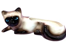 Siamese Cat Planter Blue Eyes Chocolate Point Ceramic Mid Century 7'' Long