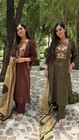 Mujer Verde Oliva Algodón Puro Pantalón Kurta Dupatta Conjunto Ambos Bolsillos Laterales