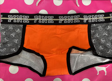 2018 Victoria Secret PINK L Wide Sparkly Logo Band Boyshort PANTY Skulls Orange