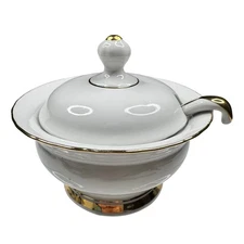 Porcelain Lidded Sugar Bowl With Gold Trim & Matching Ladle