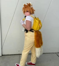 Cosplay Miles Tails Prower Golden Shag Fur Ears Clips or Headband, Double Tail