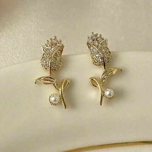 Pendientes colgantes/gotas de perlas naturales de corte redondo de 1,50 quilates enchapados en oro amarillo de 14 quilates Foto 4 de 4