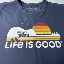 Life Is Good T-shirt Adult Large Blue Beach Life Graphic Cruiser Tee Jeep Guitar